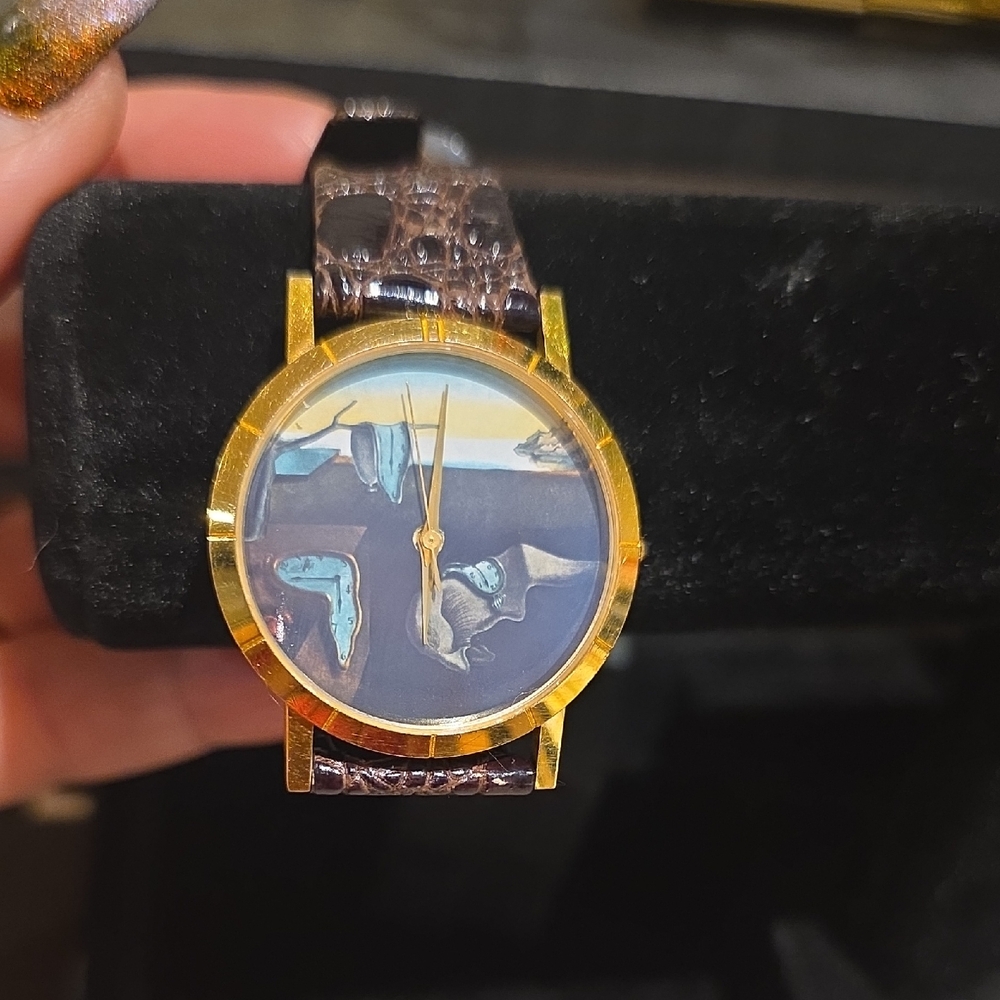 Gold-Tone Women's Watch with Blue Accent Art Dial and Brown Leather Strap